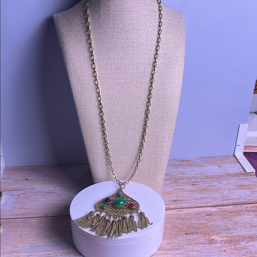 Gold-Tone Fringe Pendant Necklace with Green and Multicolor Cabochons